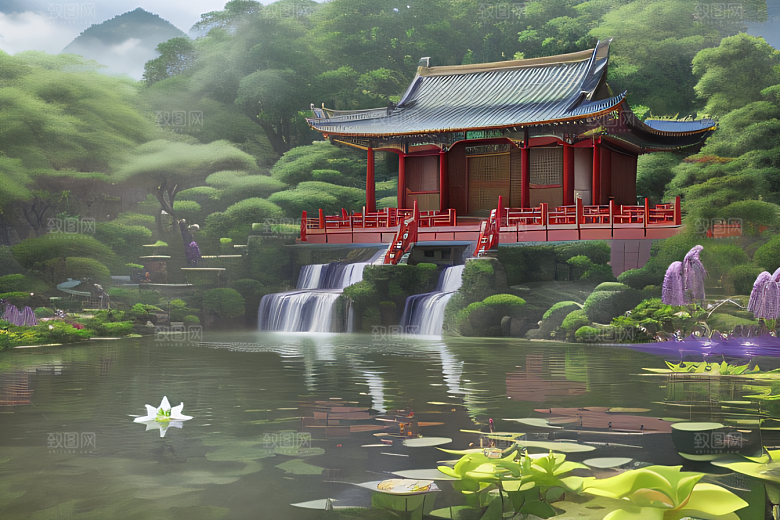 紫色花海湖畔仙境中的睡莲花园