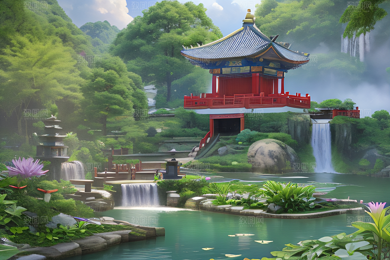 紫色花海湖畔仙境中的睡莲花园