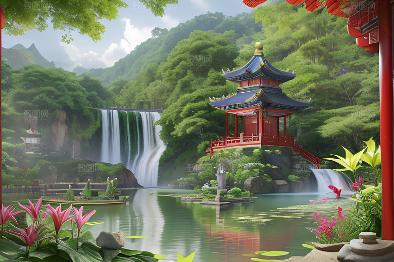 紫色花海湖畔仙境中的睡莲花园