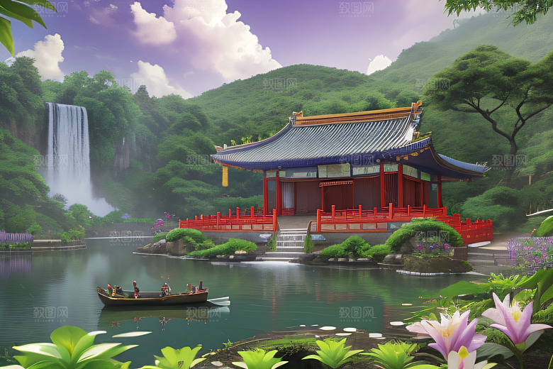 紫色花海湖畔仙境中的睡莲花园