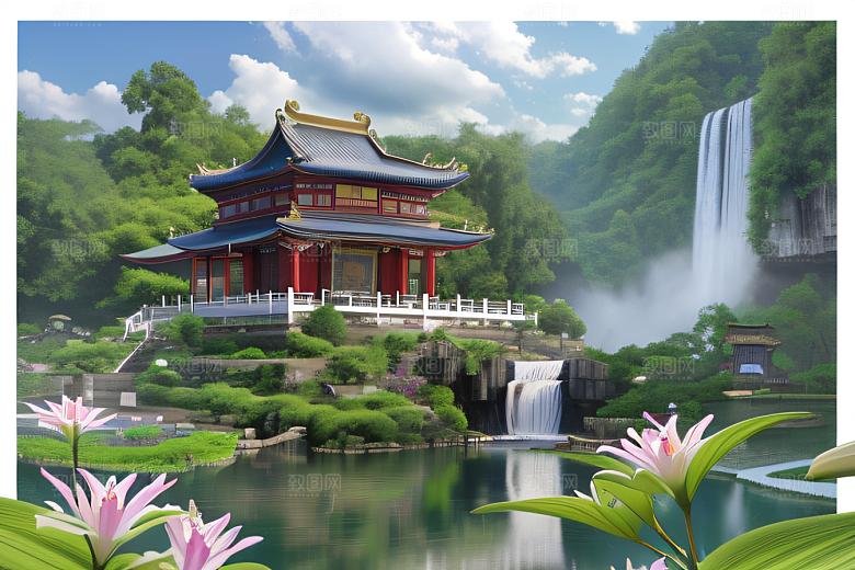 紫色花海湖畔仙境中的睡莲花园