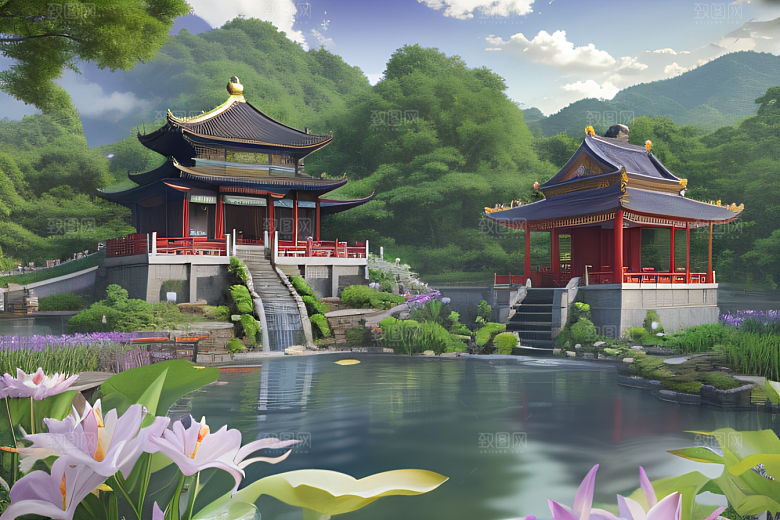 紫色花海湖畔仙境中的睡莲花园