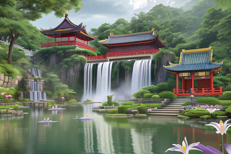 紫色花海湖畔仙境中的睡莲花园