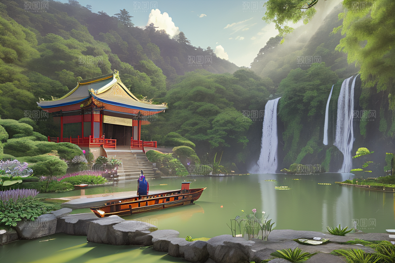 紫色花海湖畔仙境中的睡莲花园