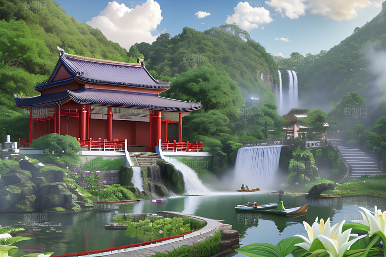 紫色花海湖畔仙境中的睡莲花园