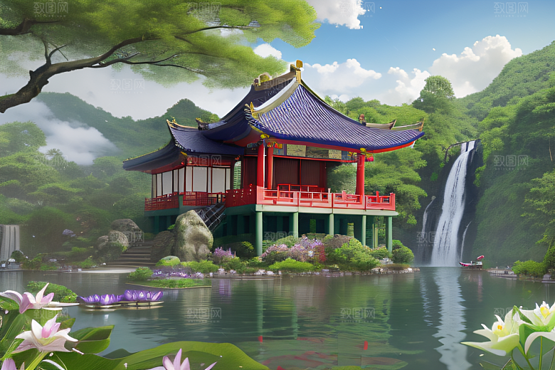紫色花海湖畔仙境中的睡莲花园