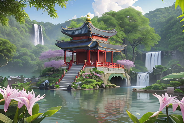 紫色花海湖畔仙境中的睡莲花园