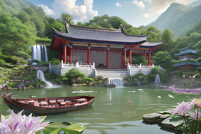 紫色花海湖畔仙境中的睡莲花园