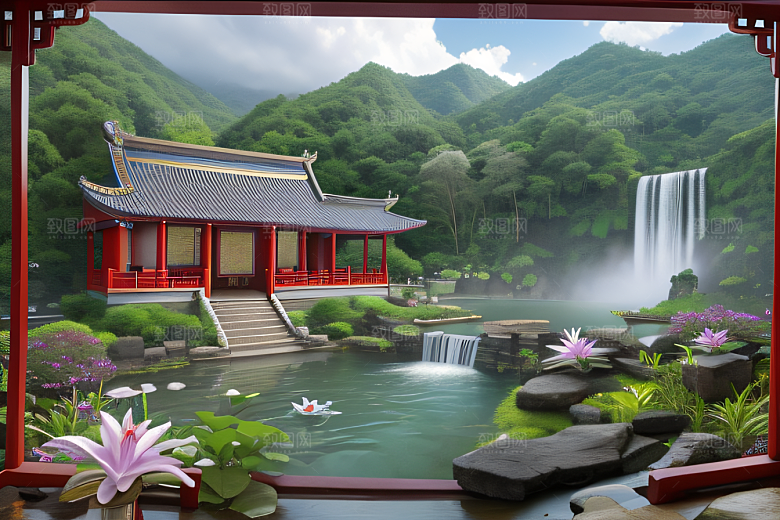 紫色花海湖畔仙境中的睡莲花园