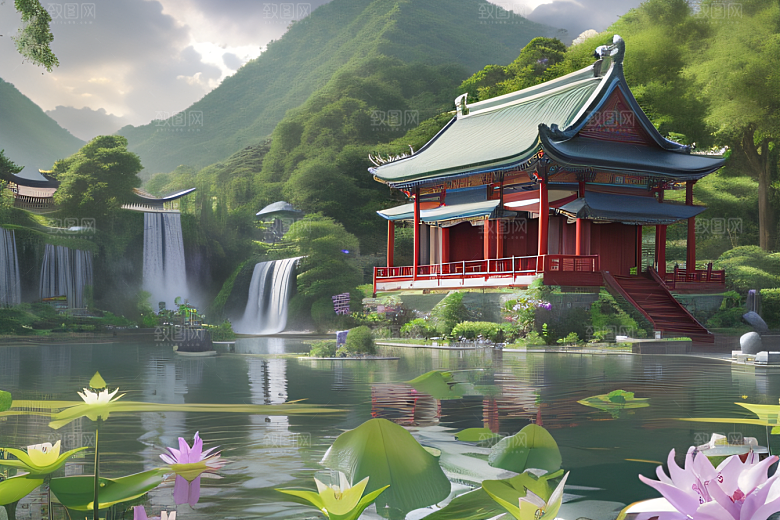 紫色花海湖畔仙境中的睡莲花园