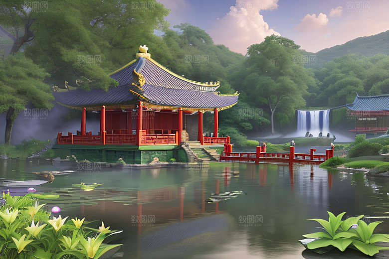 奇幻仙境湖畔寺庙与瀑布的浪漫景观