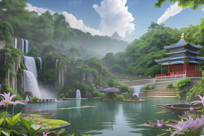 奇幻仙境湖畔寺庙与瀑布的浪漫景观