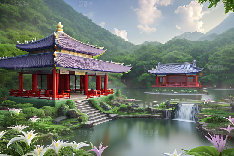 奇幻仙境湖畔寺庙与瀑布的浪漫景观