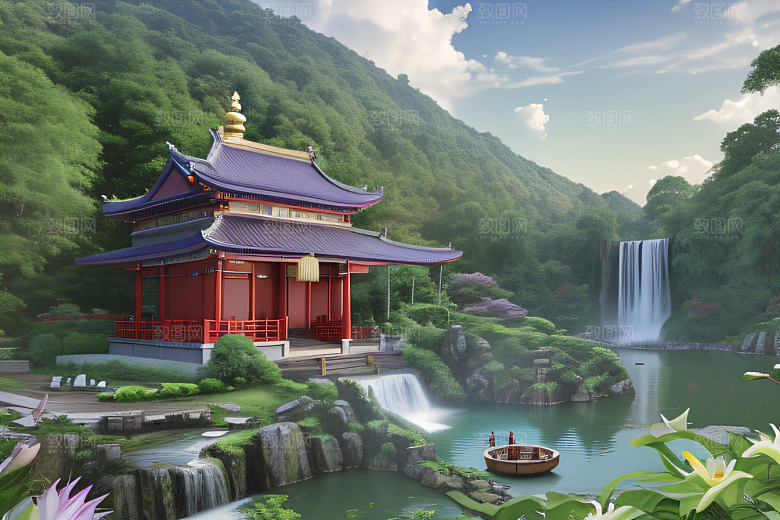 奇幻仙境湖畔寺庙与瀑布的浪漫景观