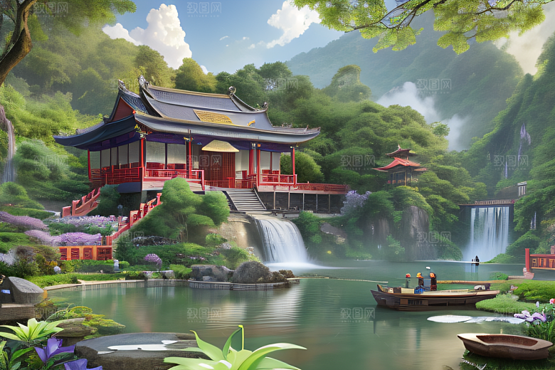 奇幻仙境湖畔寺庙与瀑布的浪漫景观
