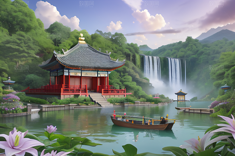 奇幻仙境湖畔寺庙与瀑布的浪漫景观