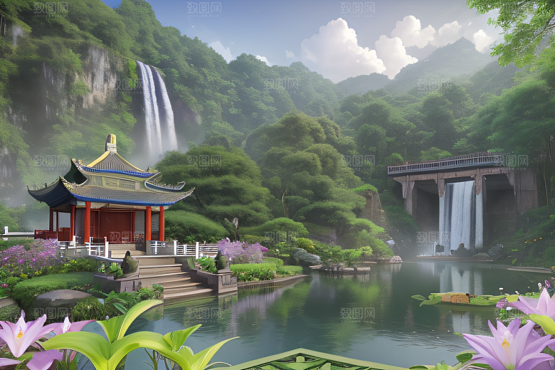 奇幻仙境湖畔寺庙与瀑布的浪漫景观