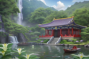 奇幻仙境湖畔寺庙与瀑布的浪漫景观