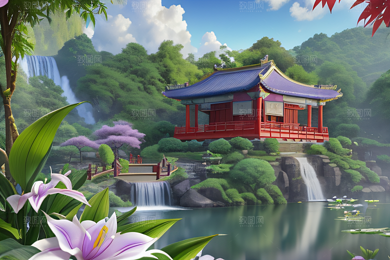 奇幻仙境湖畔寺庙与瀑布的浪漫景观