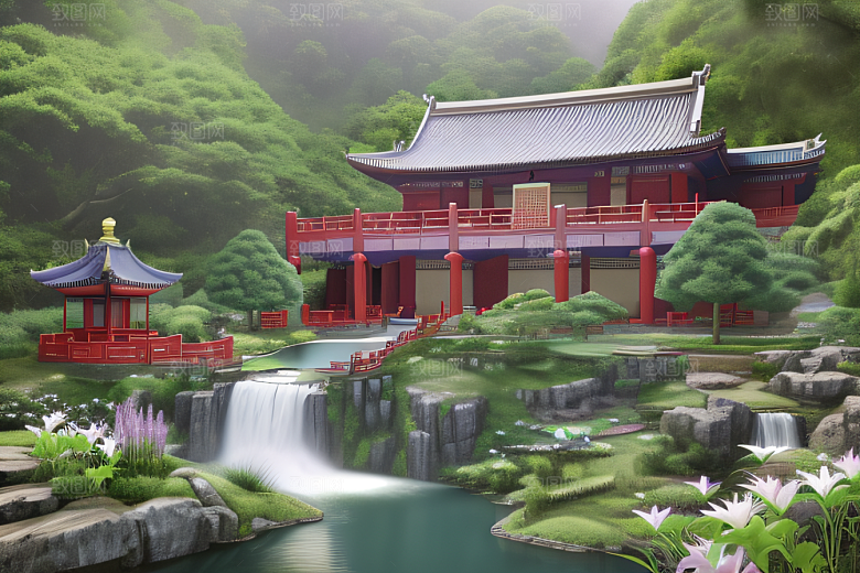 奇幻仙境湖畔寺庙与瀑布的浪漫景观