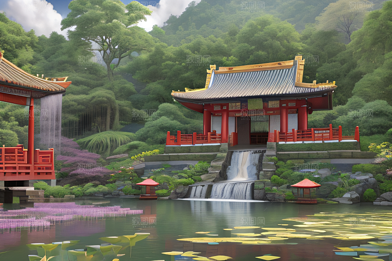 奇幻仙境湖畔寺庙与瀑布的浪漫景观