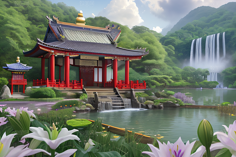 奇幻仙境湖畔寺庙与瀑布的浪漫景观