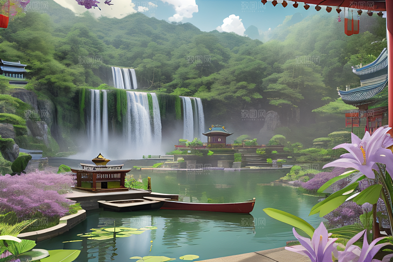 奇幻仙境湖畔寺庙与瀑布的浪漫景观