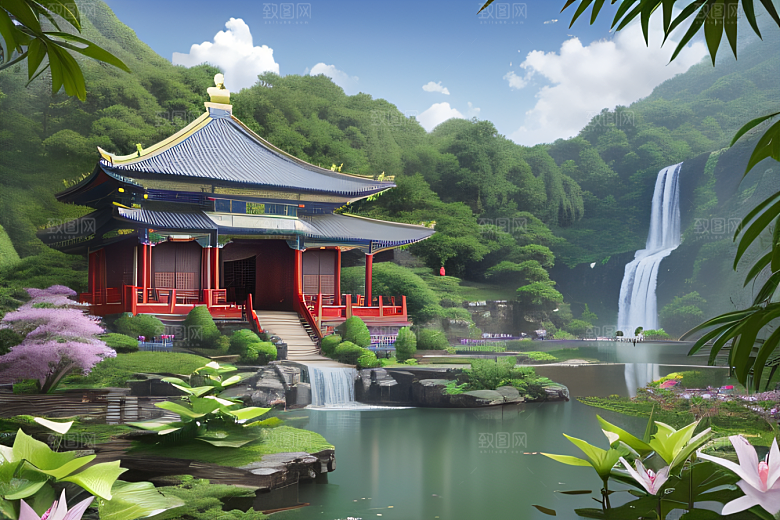 奇幻仙境湖畔寺庙与瀑布的浪漫景观