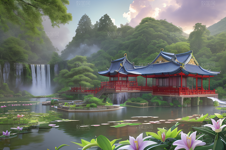 奇幻仙境湖畔寺庙与瀑布的浪漫景观