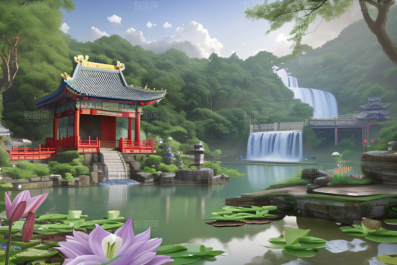 奇幻仙境湖畔寺庙与瀑布的浪漫景观