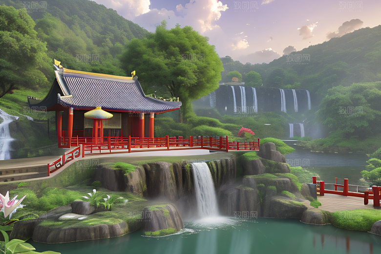 奇幻仙境湖畔寺庙与瀑布的浪漫景观
