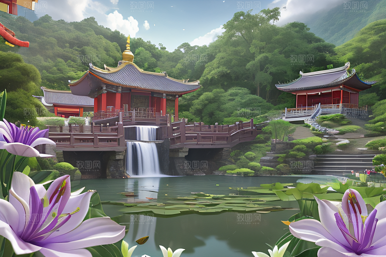 奇幻仙境湖畔寺庙与瀑布的浪漫景观
