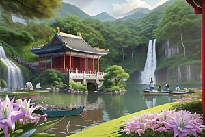 绿意盎然湖畔仙境中的紫色睡莲花园