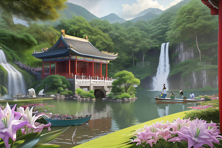 绿意盎然湖畔仙境中的紫色睡莲花园