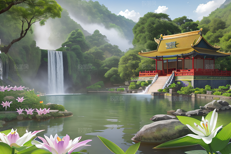 绿意盎然湖畔仙境中的紫色睡莲花园