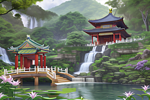 绿意盎然湖畔仙境中的紫色睡莲花园