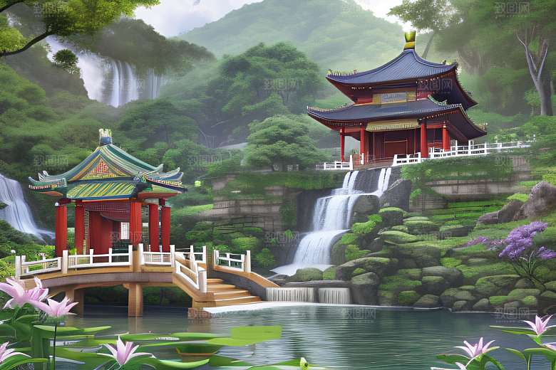绿意盎然湖畔仙境中的紫色睡莲花园