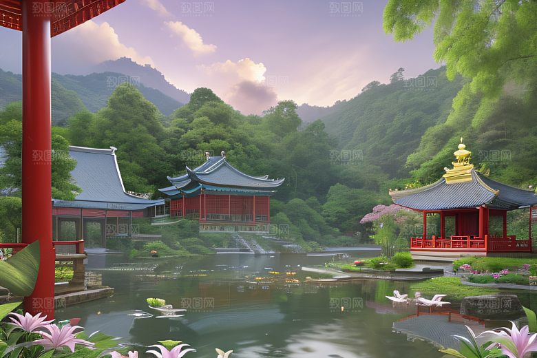 绿意盎然湖畔仙境中的紫色睡莲花园
