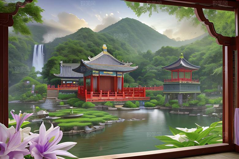 绿意盎然湖畔仙境中的紫色睡莲花园