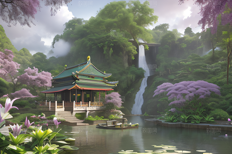 绿意盎然湖畔仙境中的紫色睡莲花园