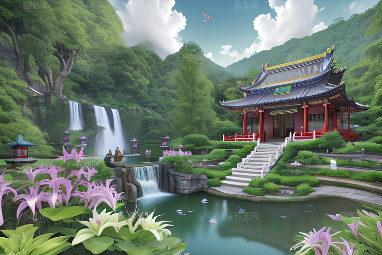 绿意盎然湖畔仙境中的紫色睡莲花园