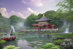 绿意盎然湖畔仙境中的紫色睡莲花园