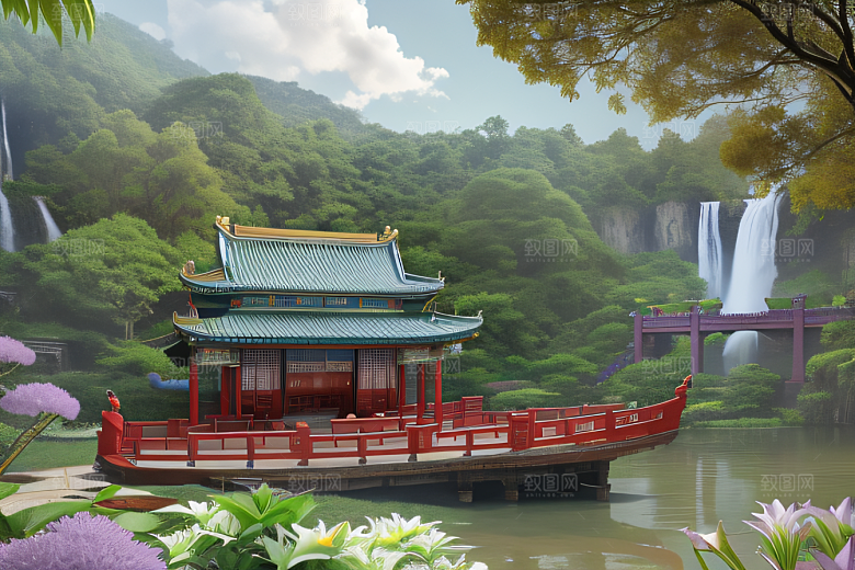 绿意盎然湖畔仙境中的紫色睡莲花园