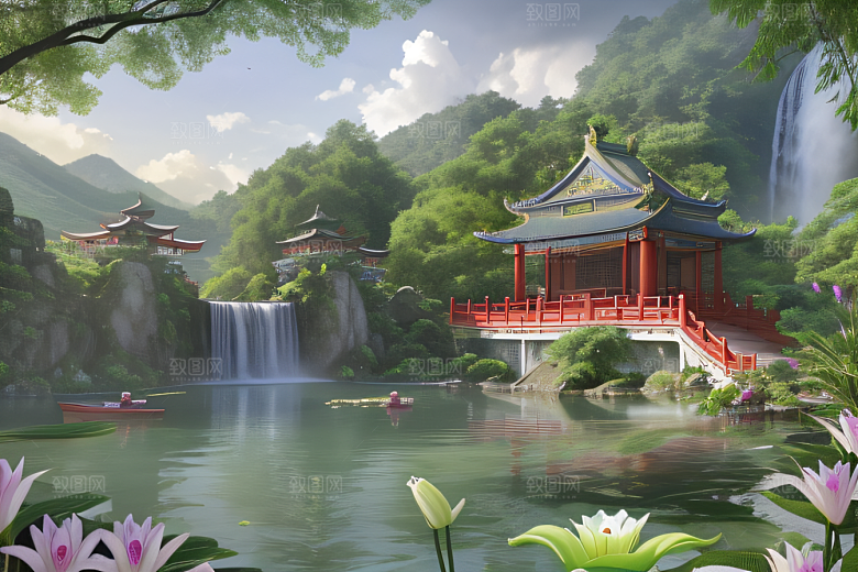 绿意盎然湖畔仙境中的紫色睡莲花园