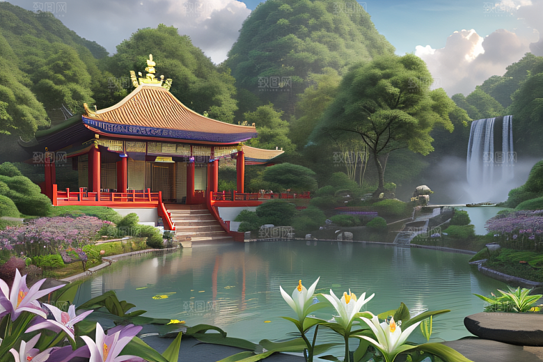 云雾翠竹湖畔紫色睡莲花园的浪漫景致