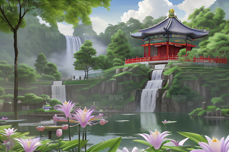 云雾翠竹湖畔紫色睡莲花园的浪漫景致