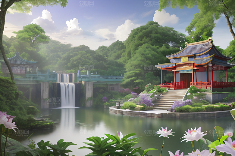 云雾翠竹湖畔紫色睡莲花园的浪漫景致