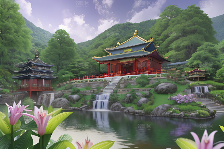 云雾翠竹湖畔紫色睡莲花园的浪漫景致