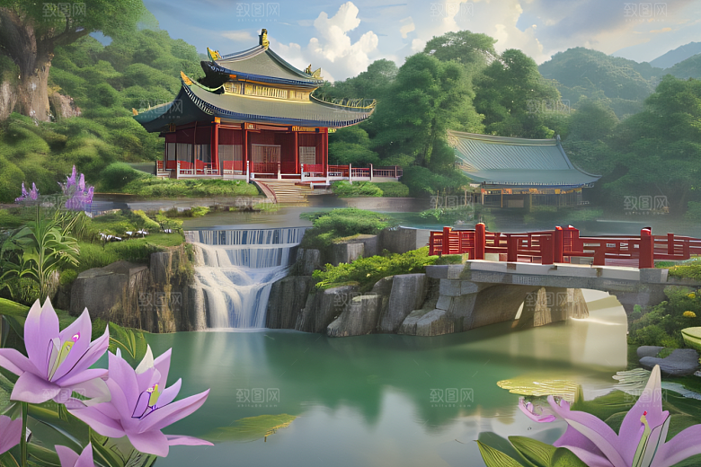 云雾翠竹湖畔紫色睡莲花园的浪漫景致