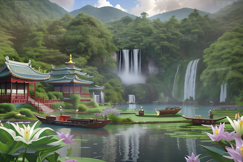 云雾翠竹湖畔紫色睡莲花园的浪漫景致
